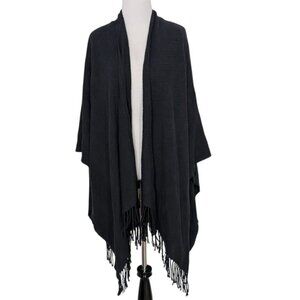 Viola Firenze Shawl Womens One Size Black Merino Wool Blend Fringe Cape Italian
